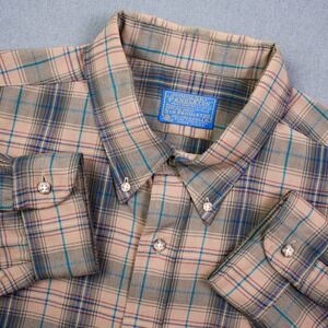 Pendleton Wool Plaid Vintage Button Down Long Sleeve Shirt Men XL Tan Casual